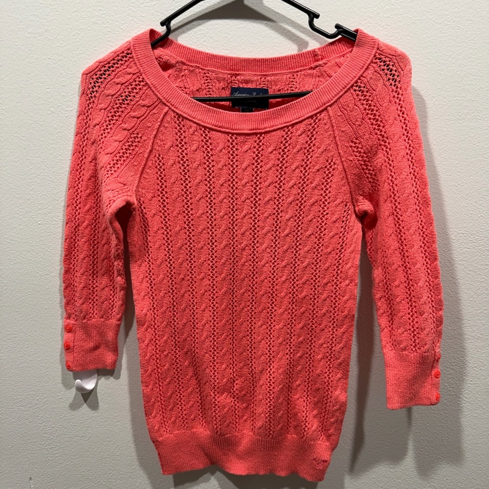 Y2K American Eagle Coral Pink 3/4 Sleeve Cable Knit Sweater Size Medium